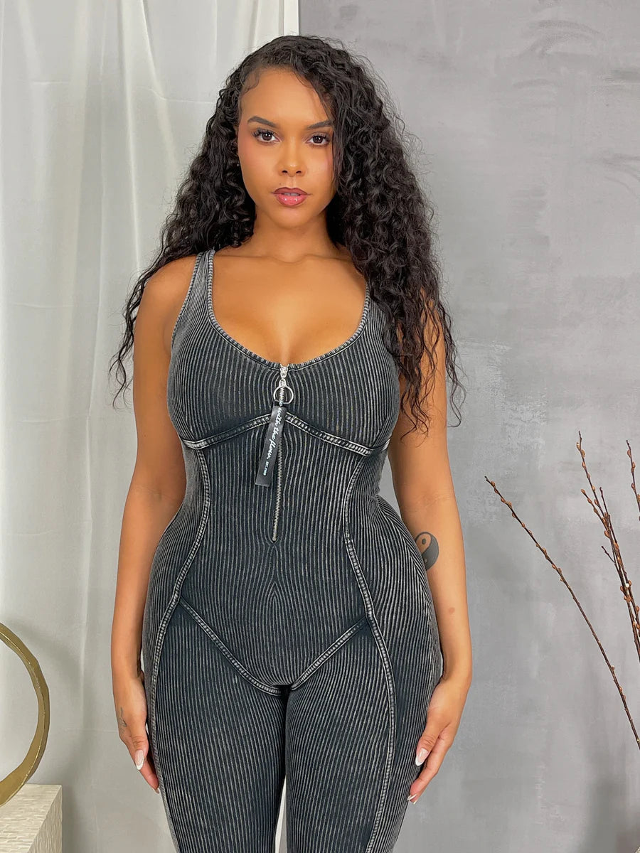 Mineral wash sleeveless zip jumpsuit
