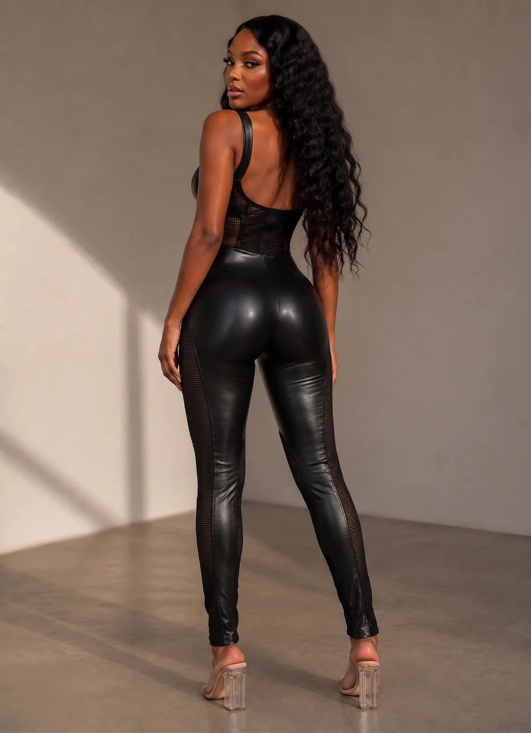 Pop corn mesh and leather jumpsuit