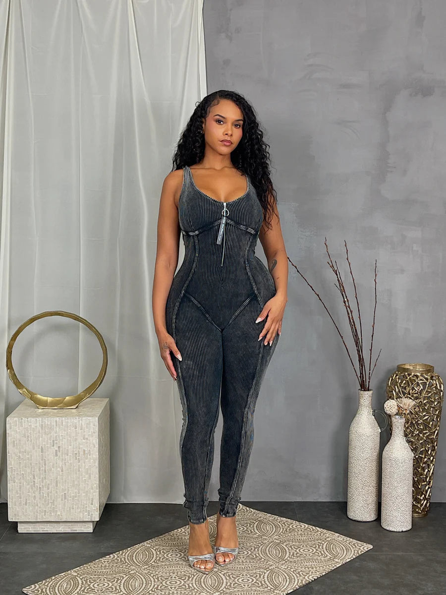 Mineral wash sleeveless zip jumpsuit