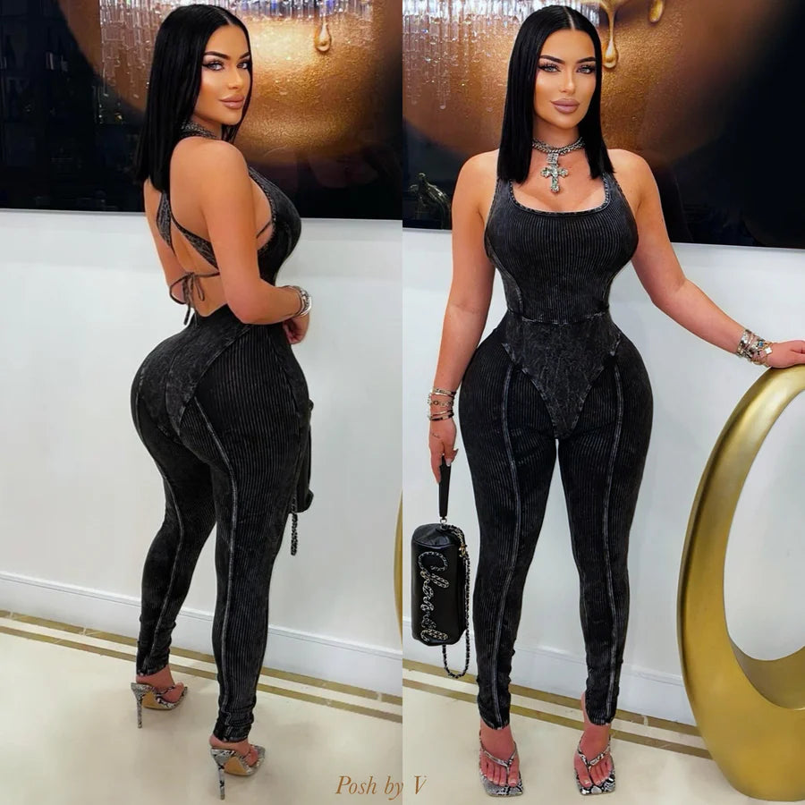 Mineral wash X back jumpsuit