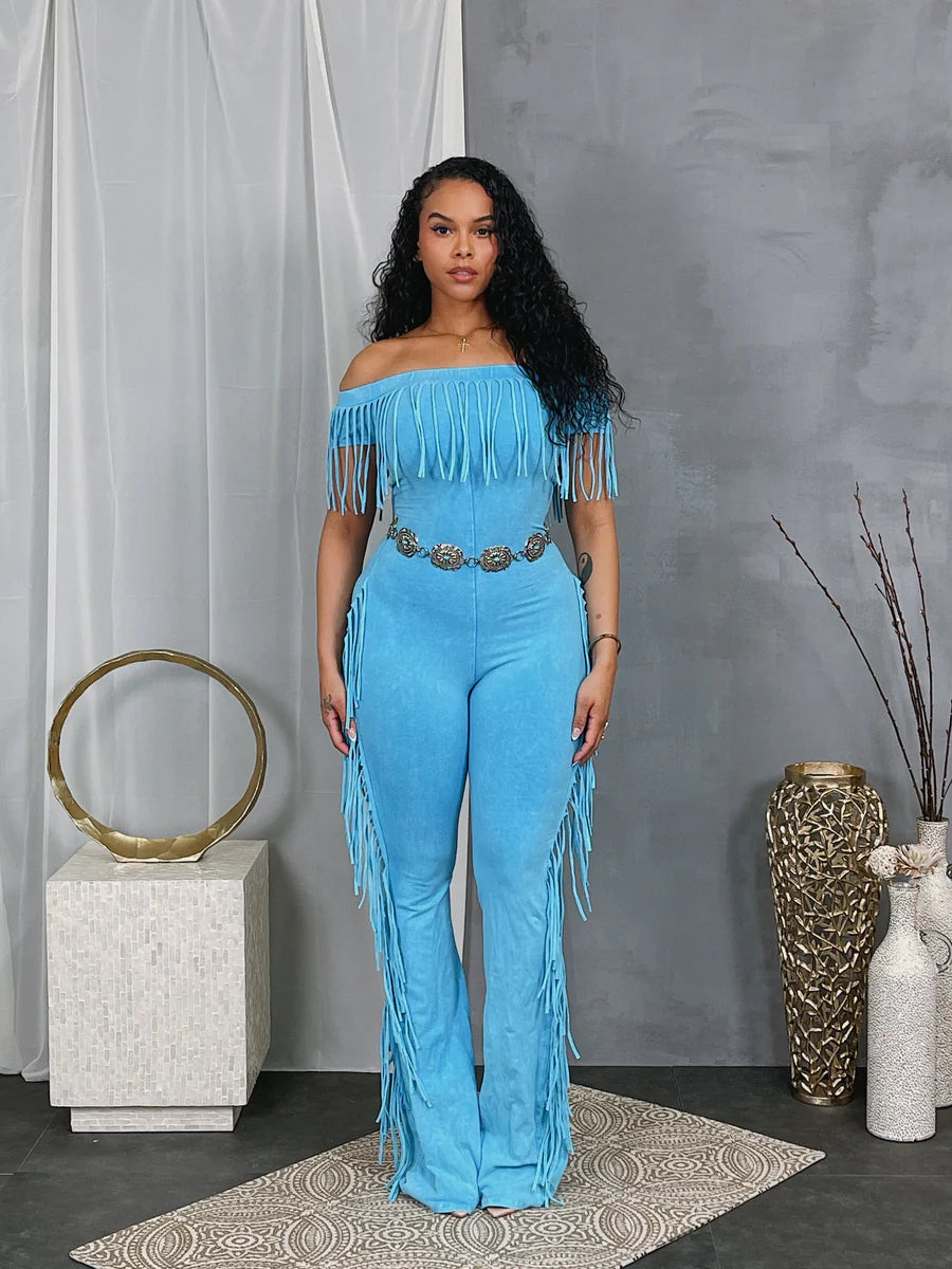 Tassel off the shoulder jumpsuit