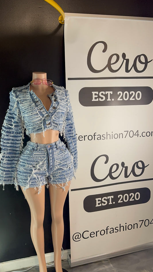 Distressed denim short set