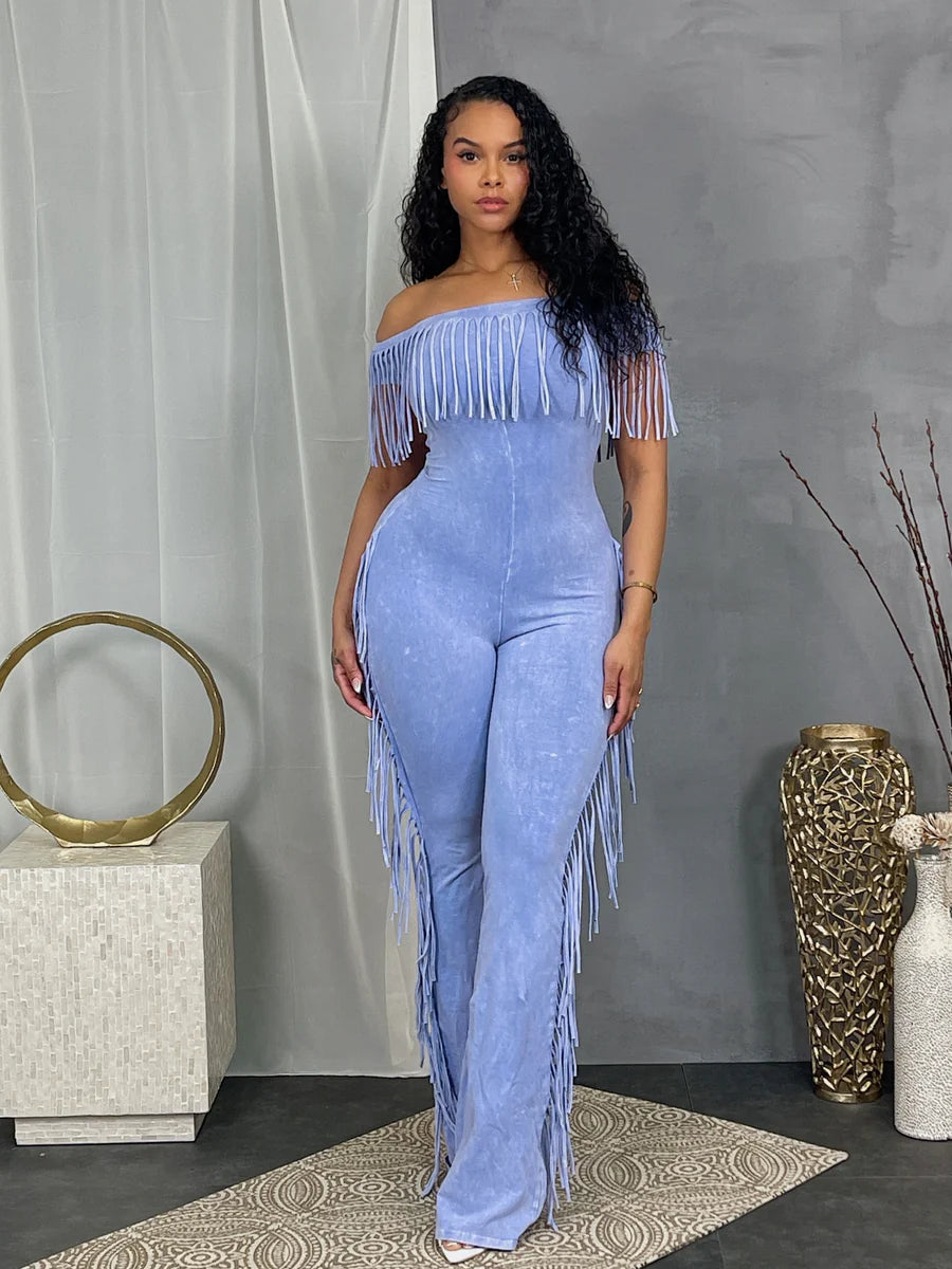 Tassel off the shoulder jumpsuit