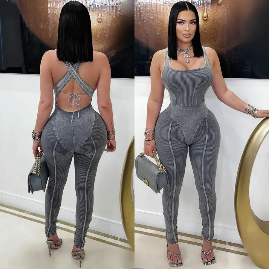 Mineral wash X back jumpsuit