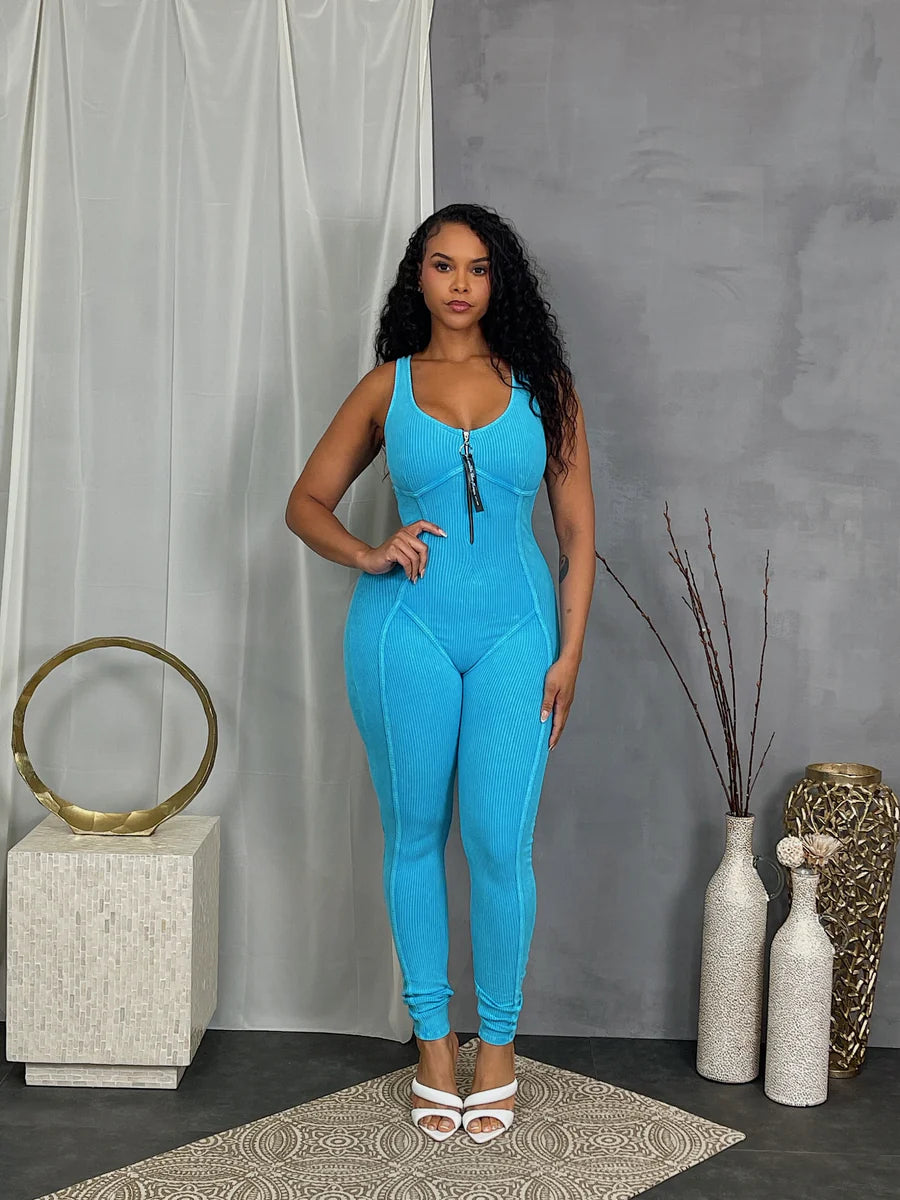Mineral wash sleeveless zip jumpsuit