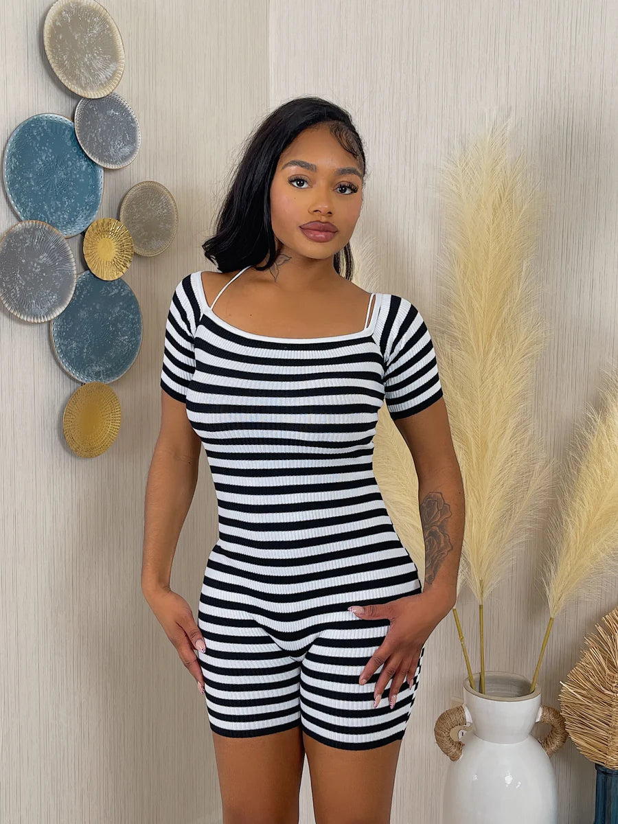 Striped backless tie up romper