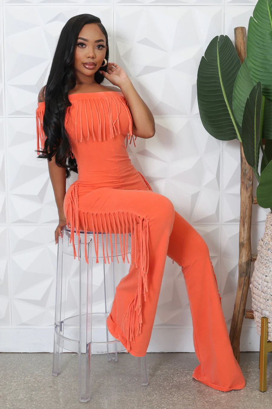 Tassel off the shoulder jumpsuit