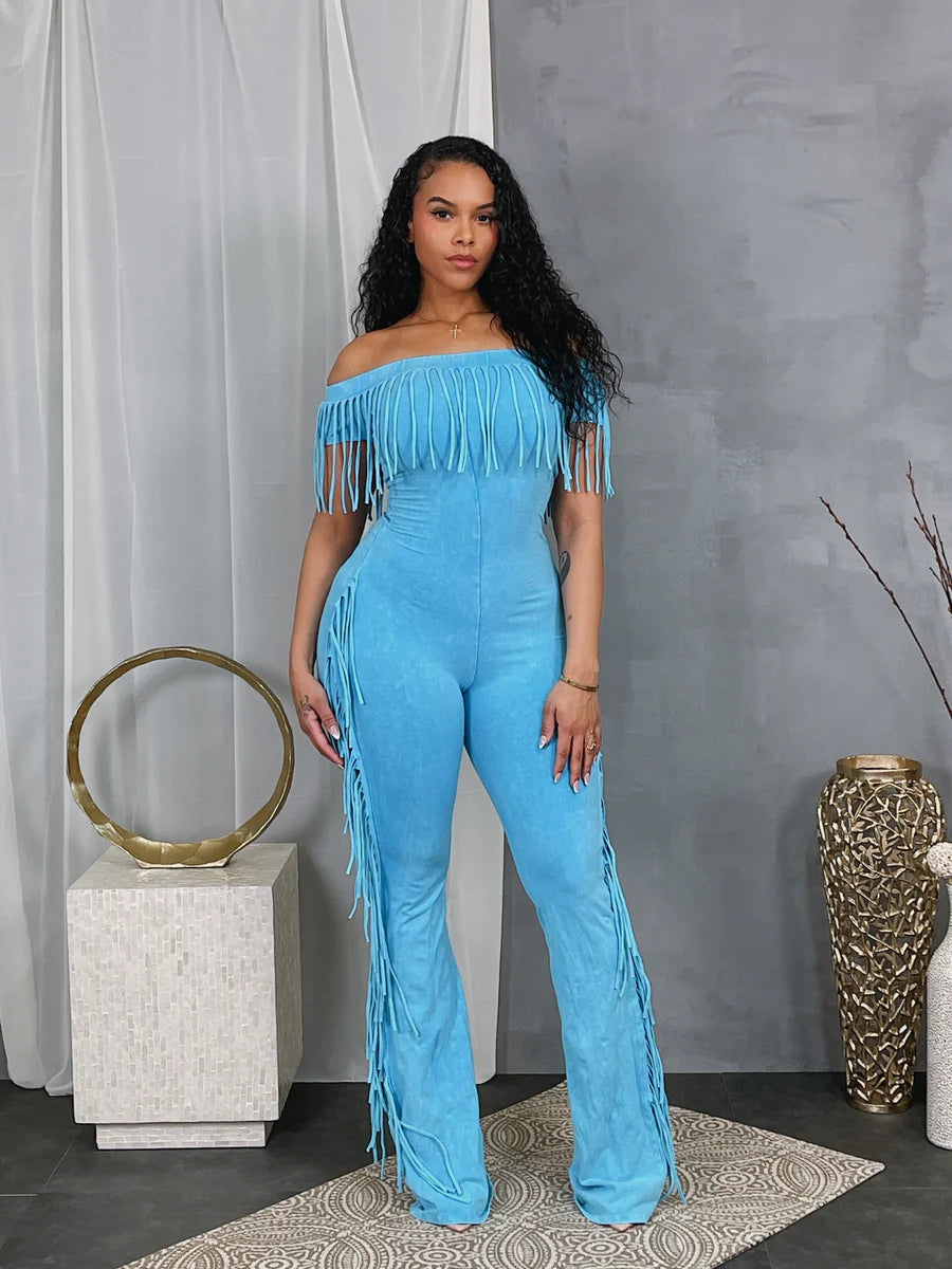 Tassel off the shoulder jumpsuit