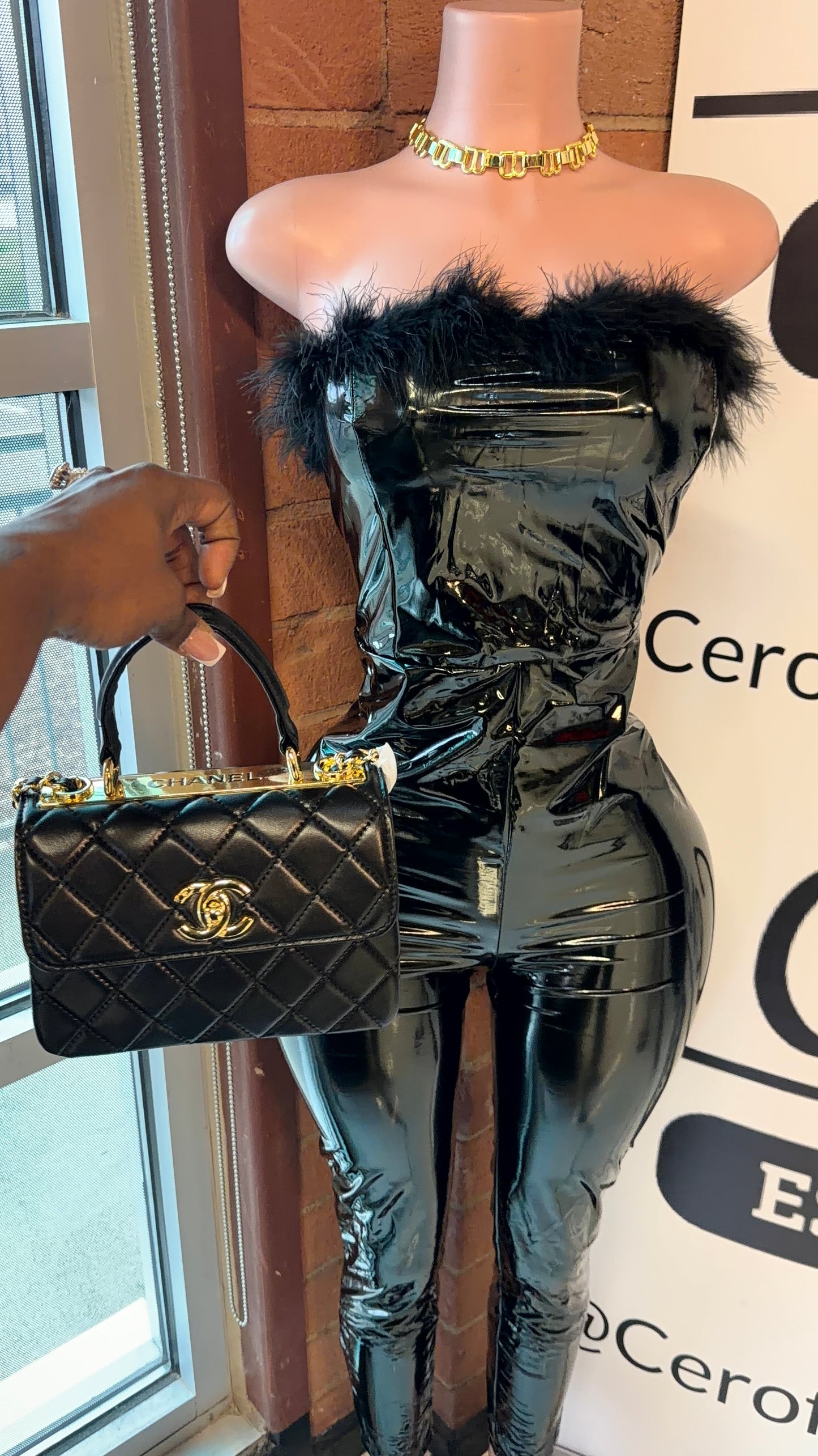 Patent leather fur jumpsuit