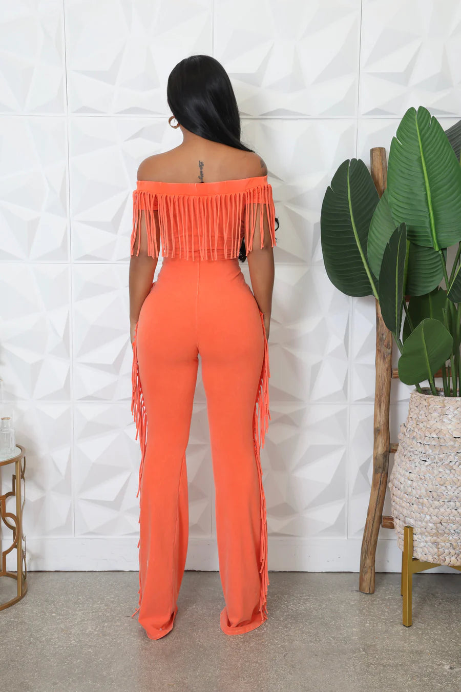 Tassel off the shoulder jumpsuit