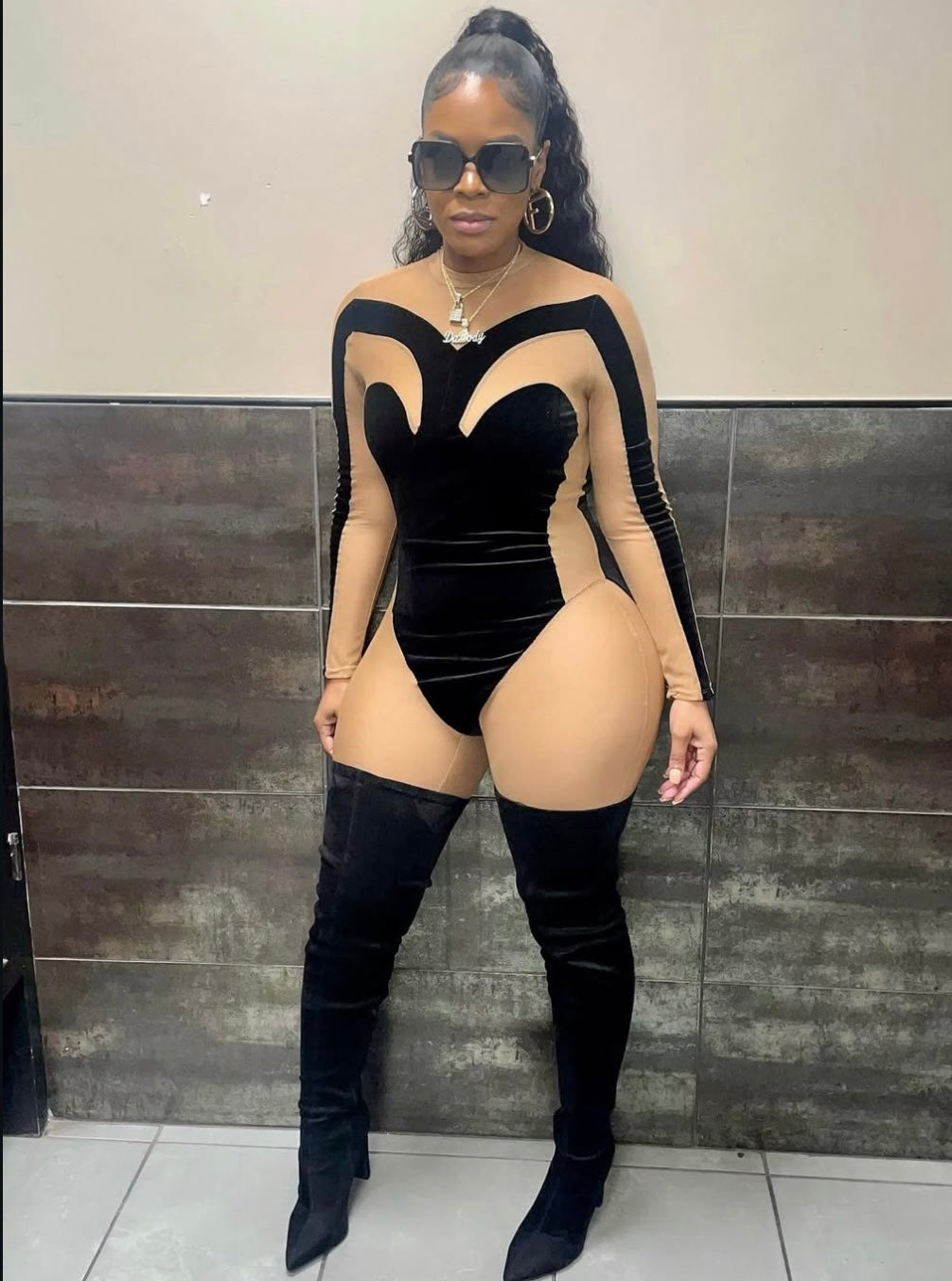 Velvet mesh jumpsuit