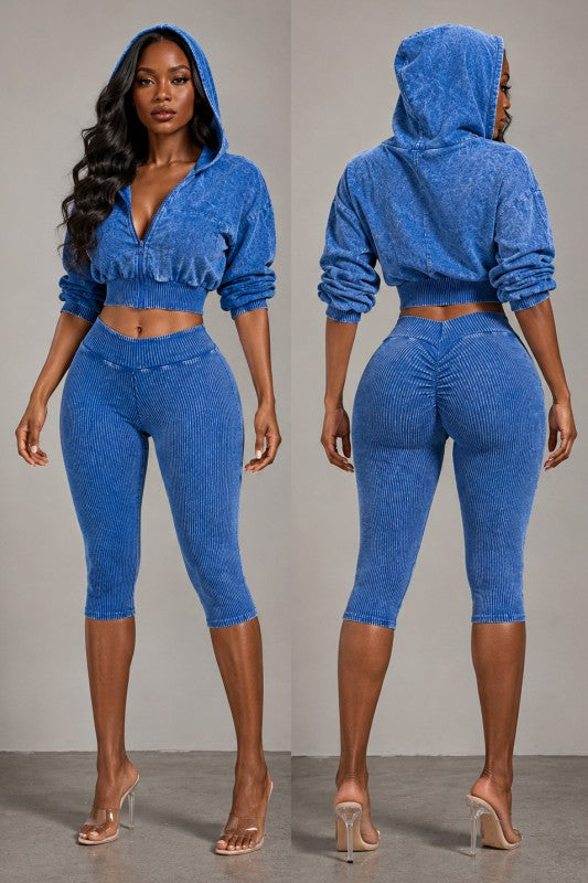 Mineral wash hoodie capri set