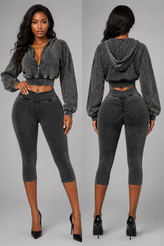 Mineral wash hoodie capri set