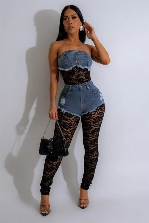Denim and lace jumpsuit