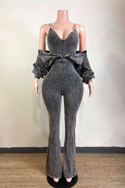 Mineral wash jacket and stack pants jumpsuit
