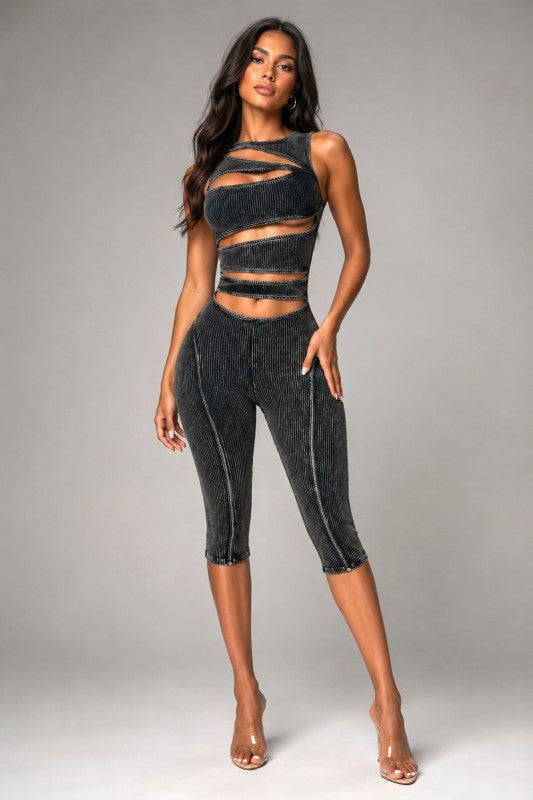 Mineral wash cut out capri romper