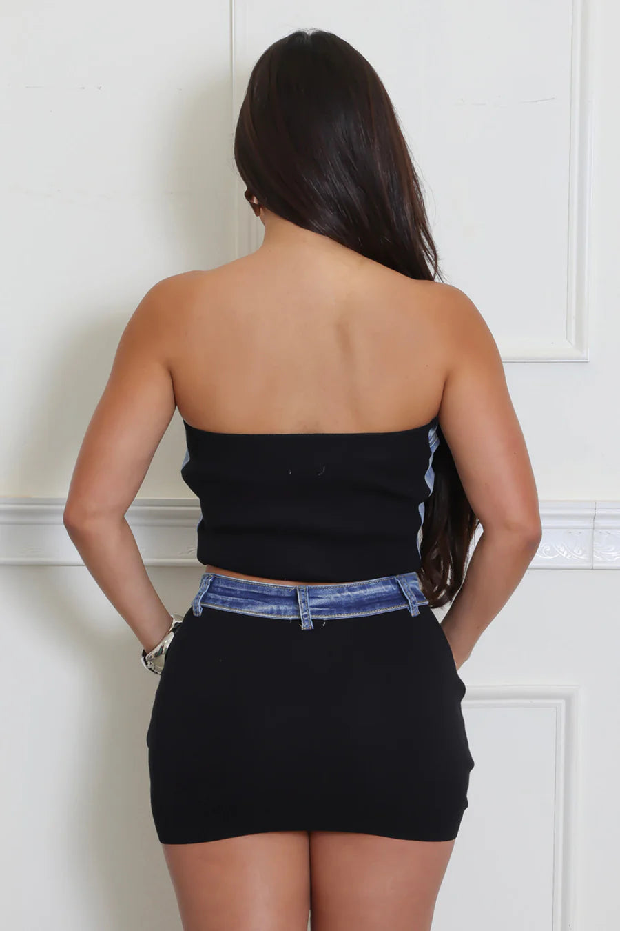 Denim trim skirt set
