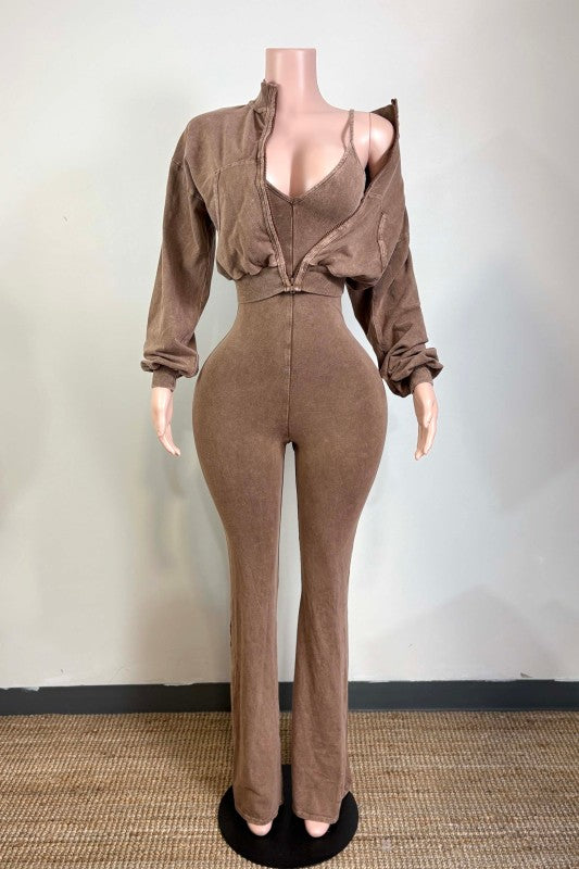 Mineral wash jacket and stack pants jumpsuit