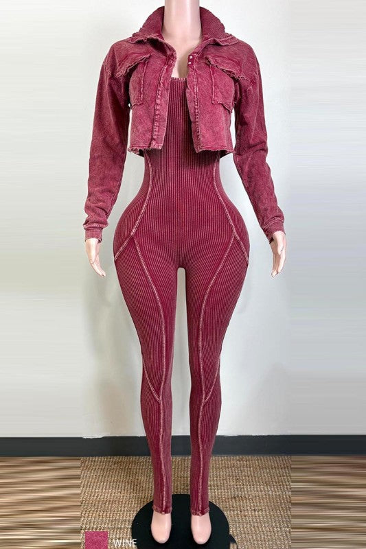 Mineral wash crop jacket and jumpsuit set