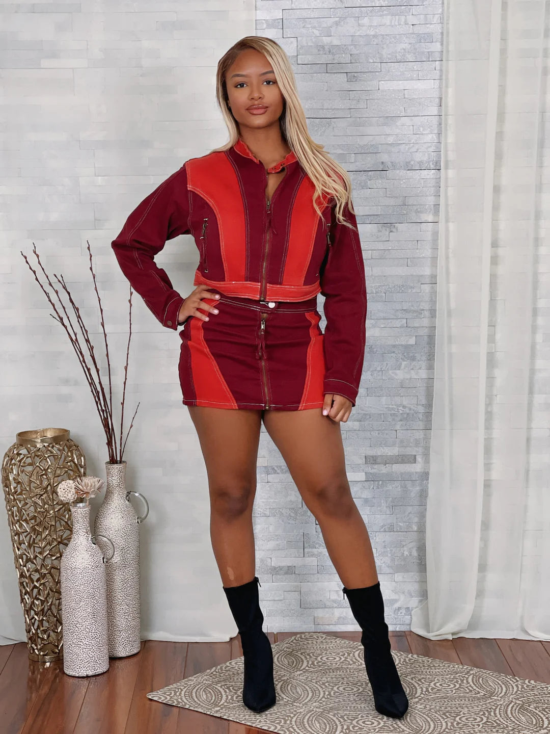 2 tone denim skirt set