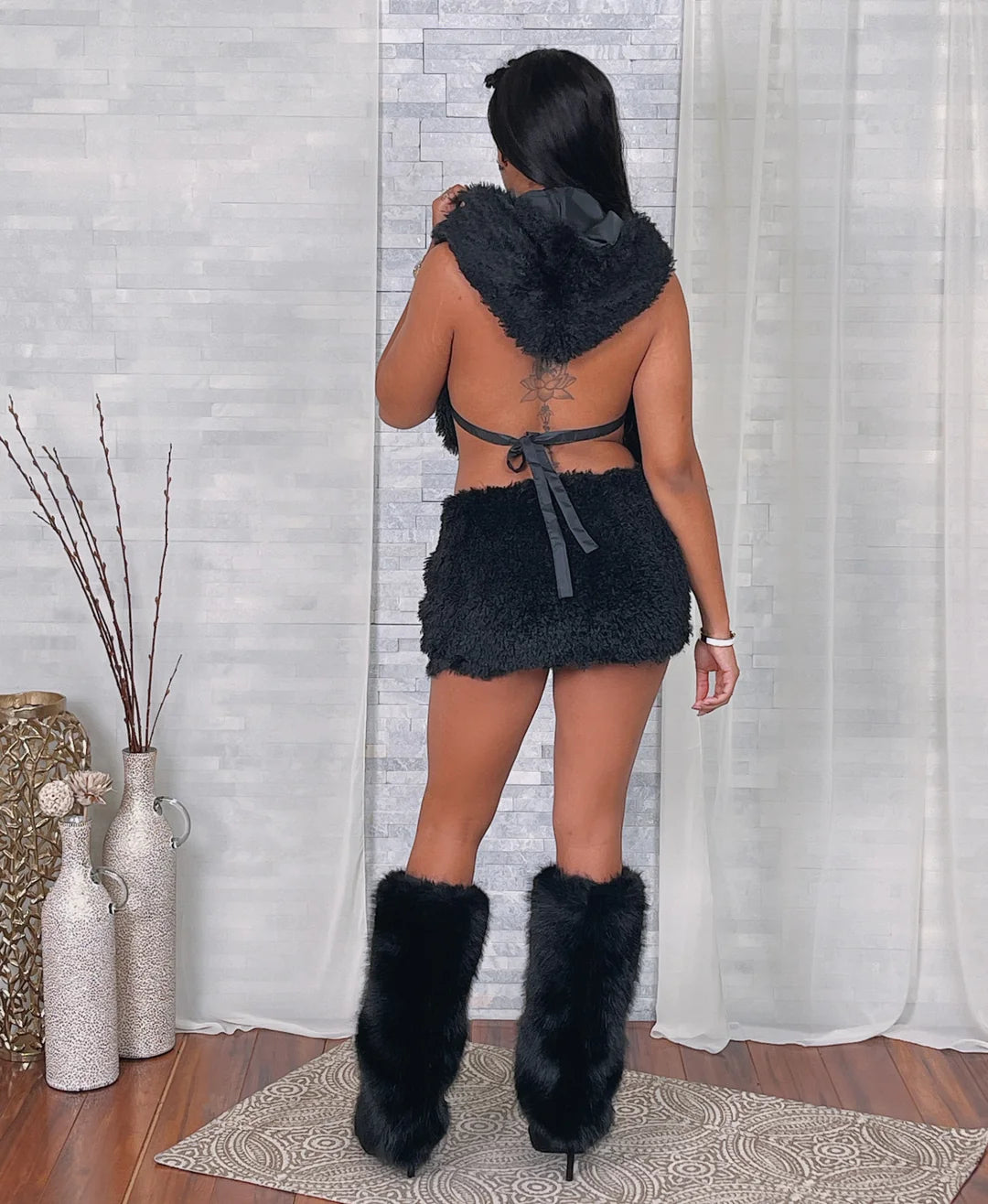 Fur hoodie skirt set