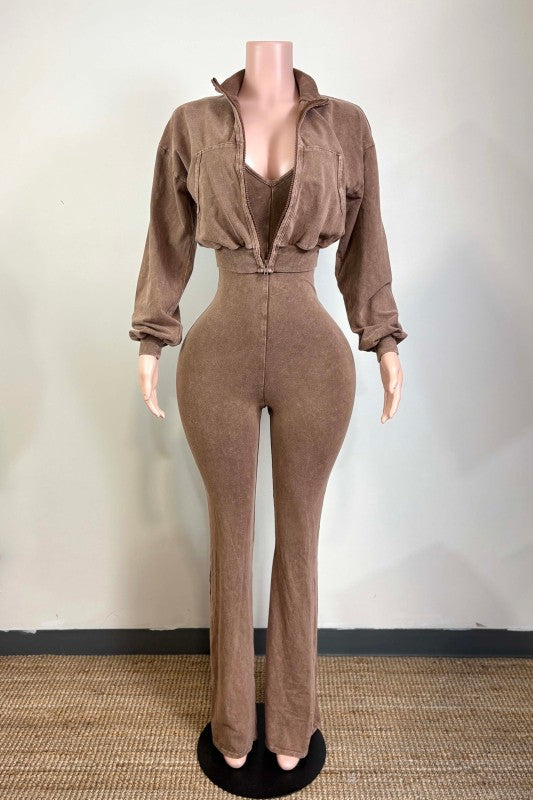 Mineral wash jacket and stack pants jumpsuit
