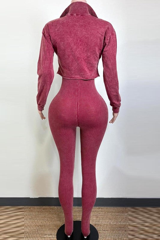 Mineral wash crop jacket and jumpsuit set