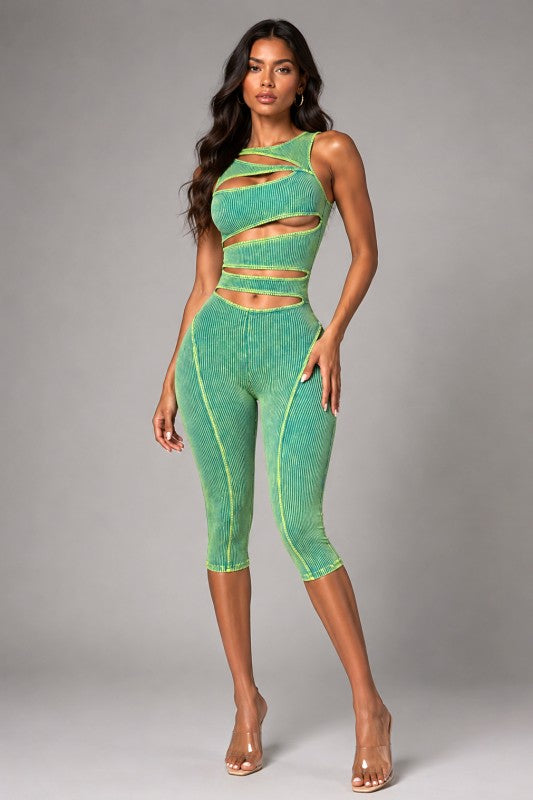 Mineral wash cut out capri romper