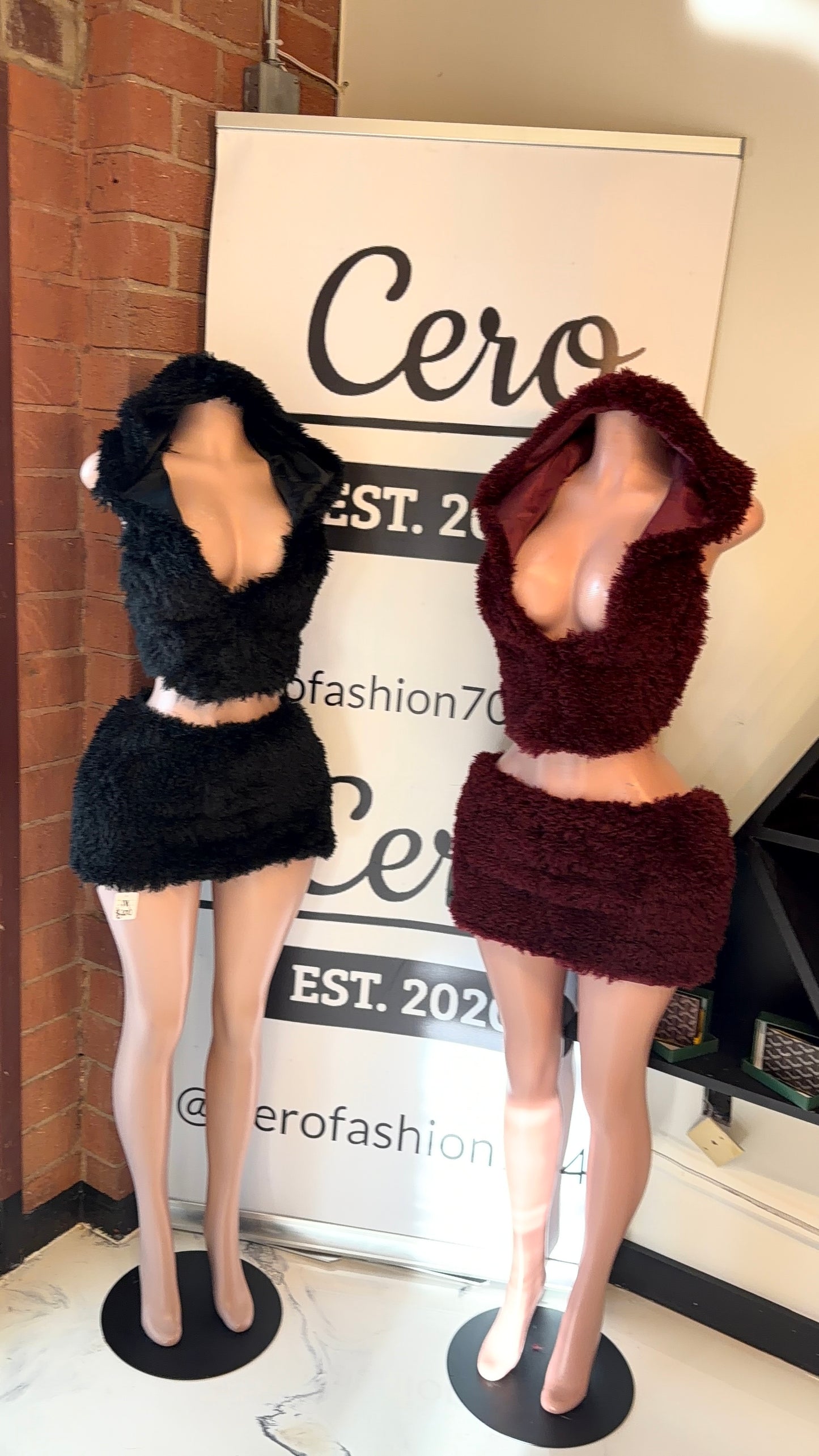 Fur hoodie skirt set