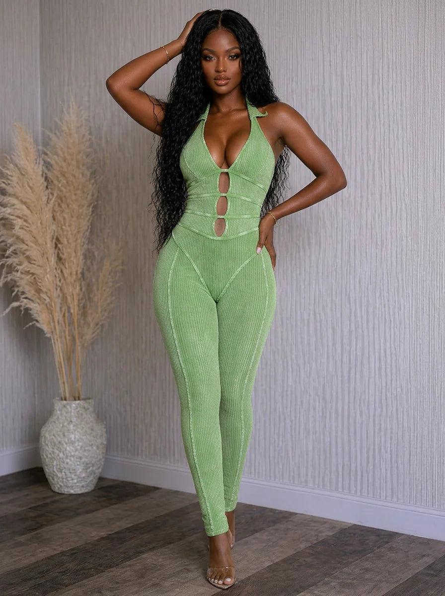 Mineral wash collar jumpsuit