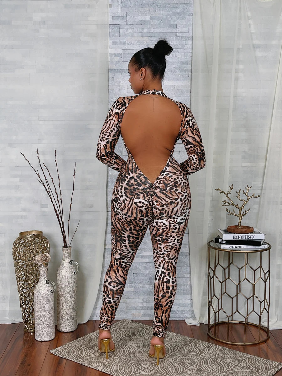 Backless animal print jumpsuit