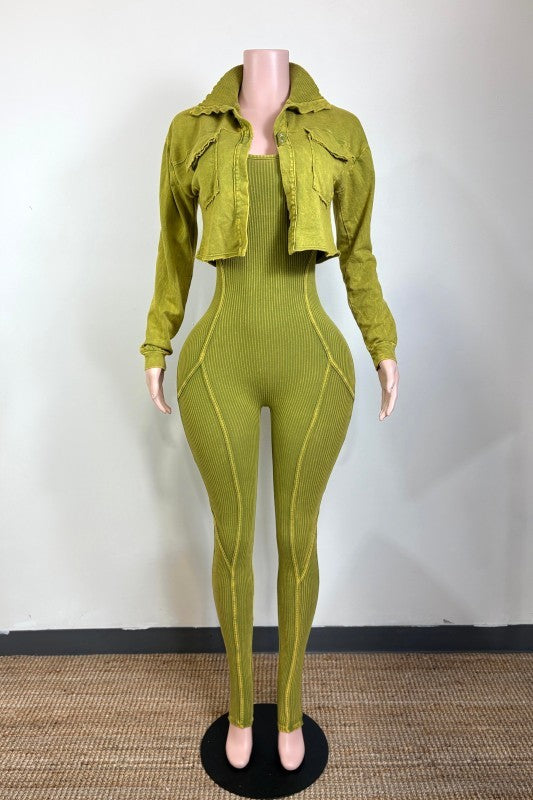 Mineral wash crop jacket and jumpsuit set