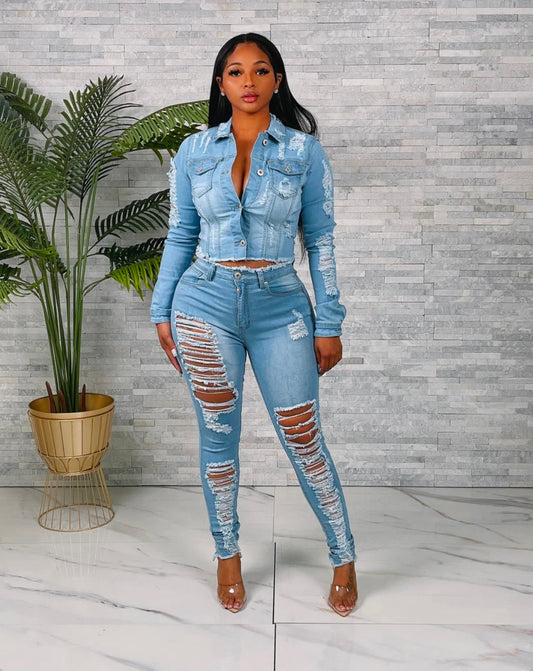 Distressed denim set