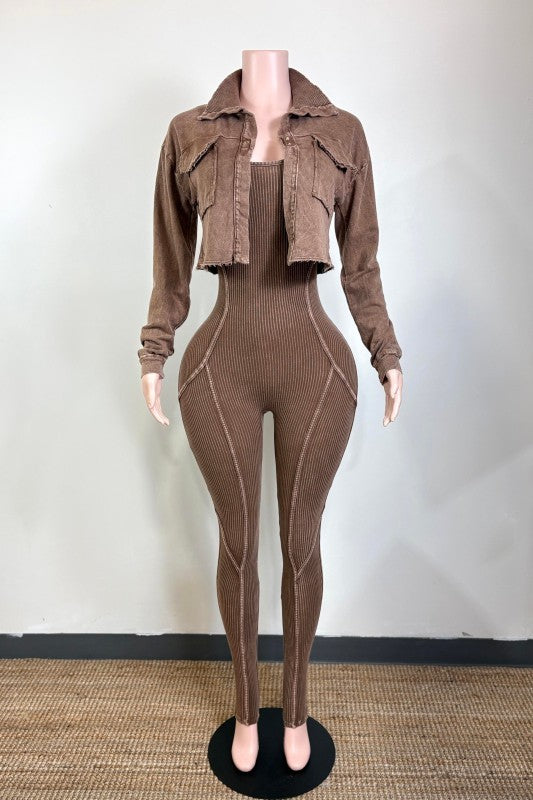Mineral wash crop jacket and jumpsuit set