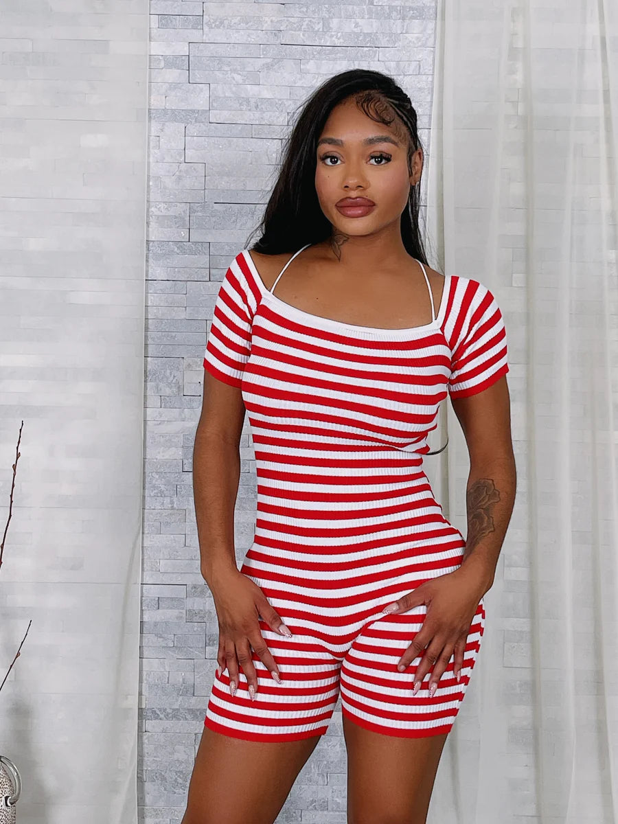 Striped backless tie up romper