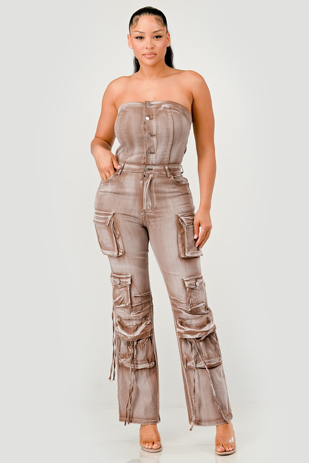 Denim washed cargo jumpsuits