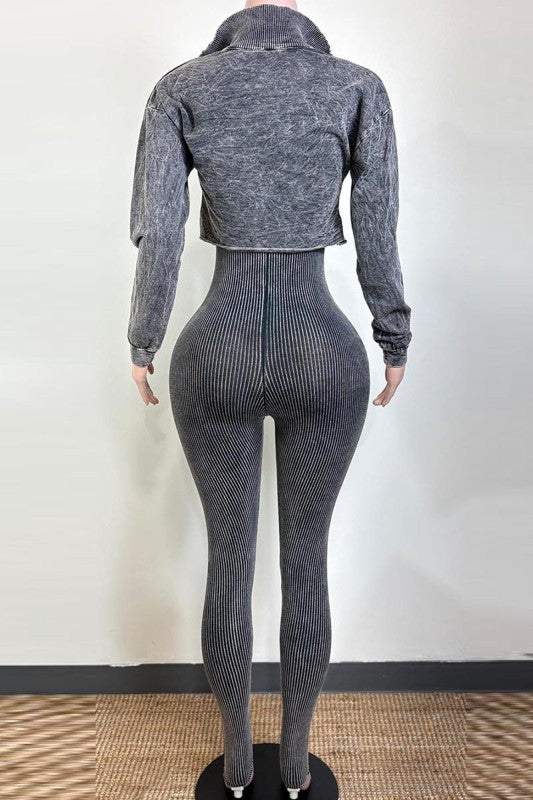 Mineral wash crop jacket and jumpsuit set