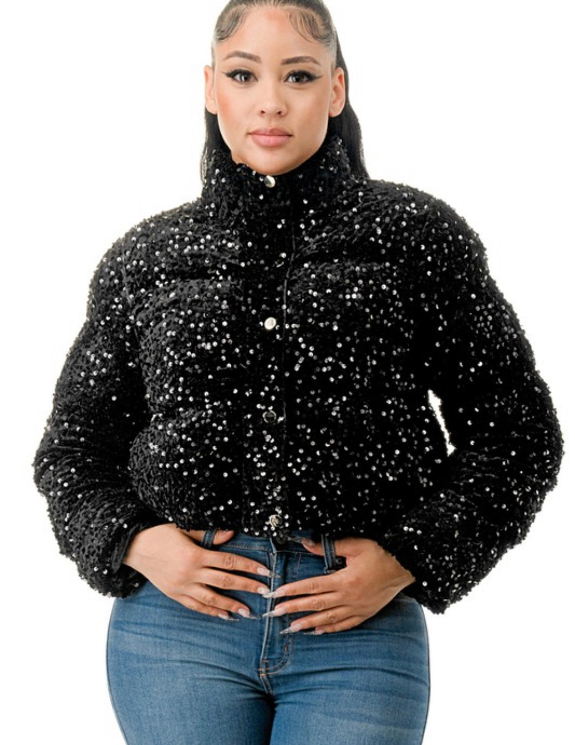 Sequin puffer coat