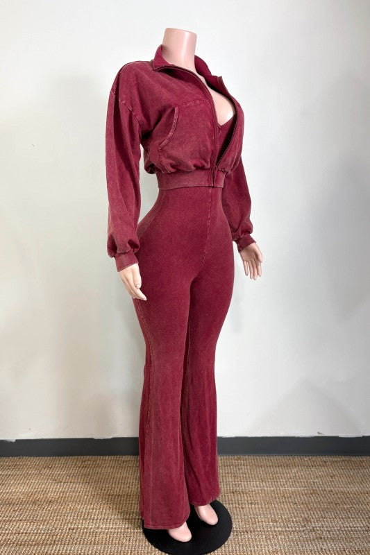 Mineral wash jacket and stack pants jumpsuit