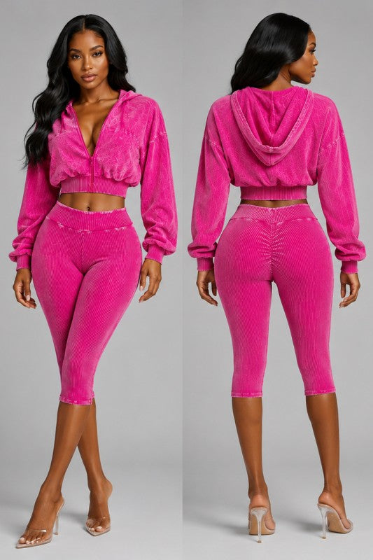 Mineral wash hoodie capri set
