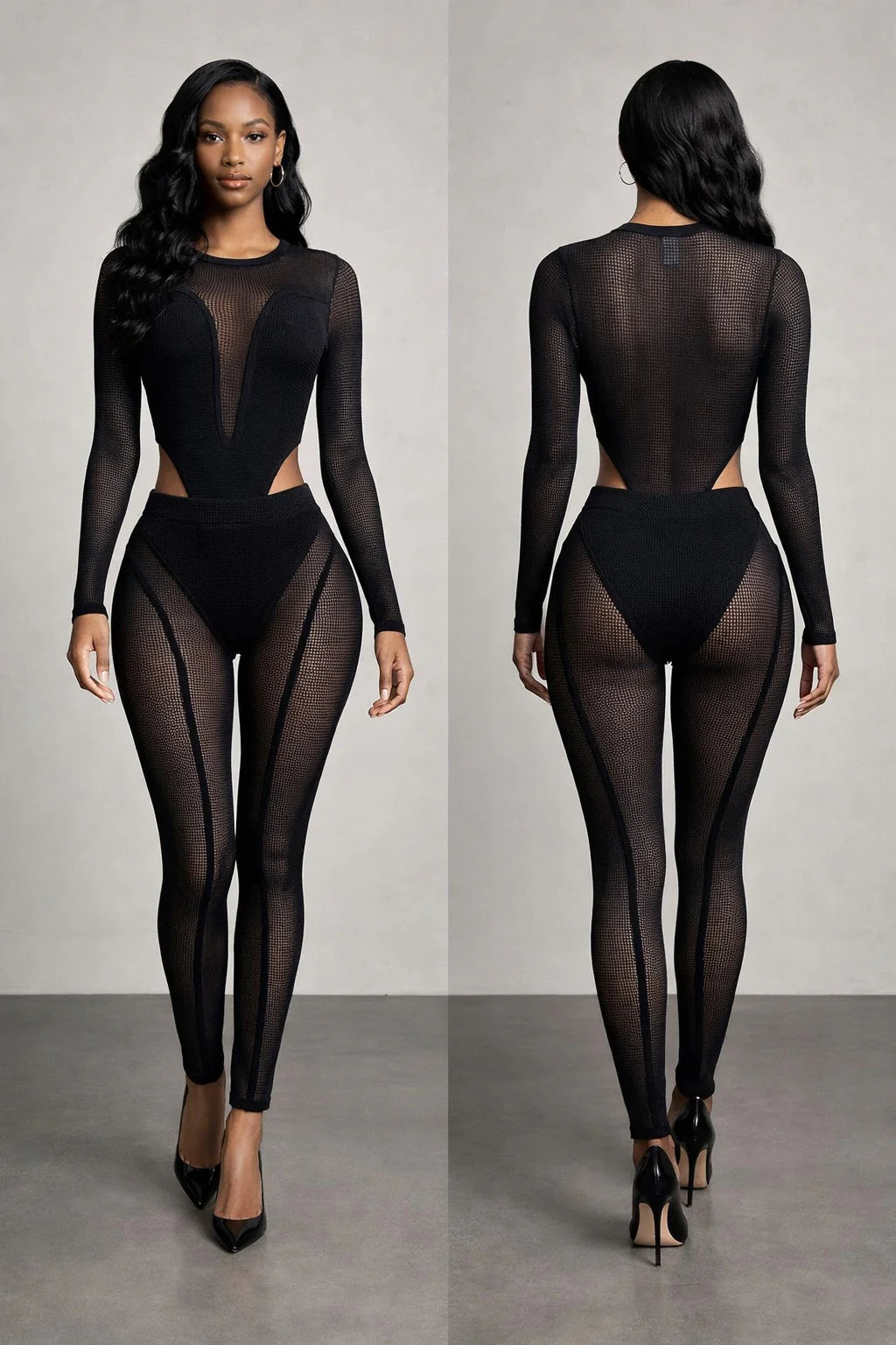 Mesh cut out body suit set