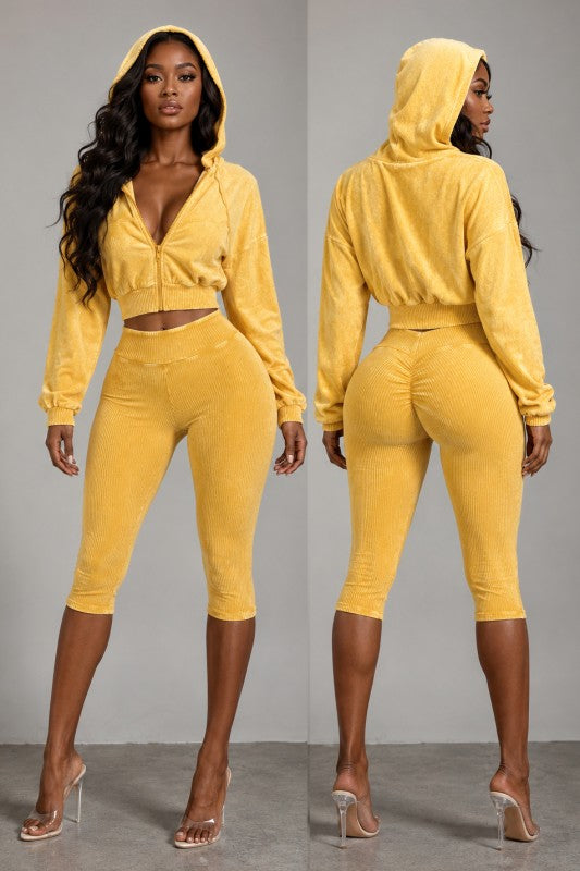 Mineral wash hoodie capri set