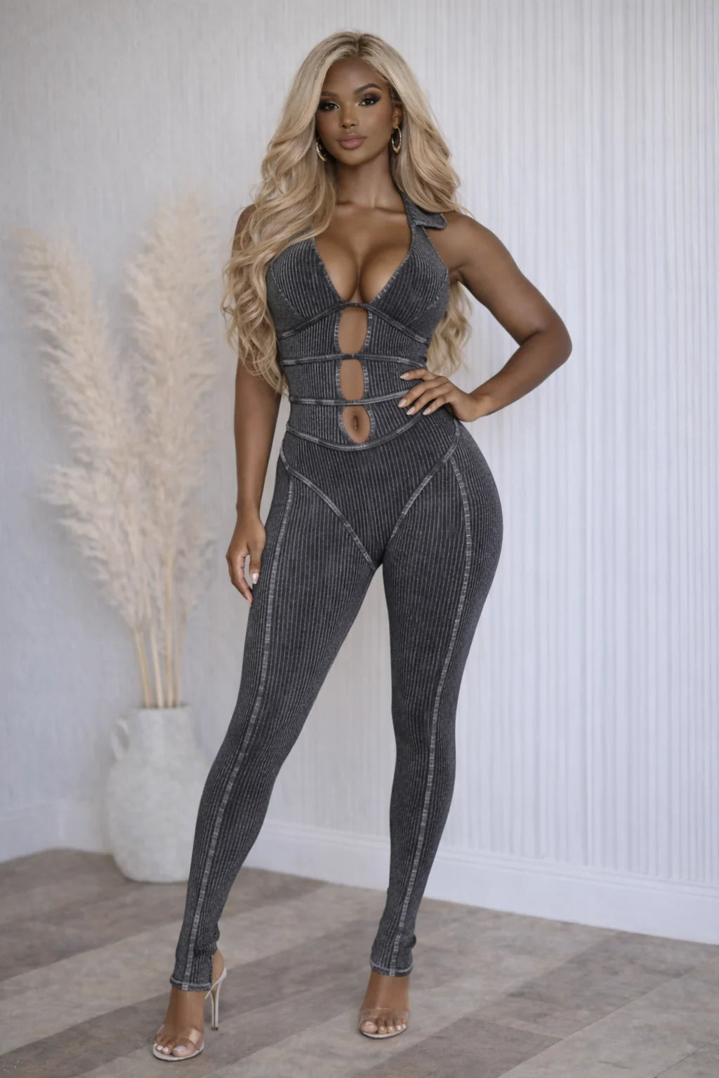 Mineral wash cutout collar jumpsuit