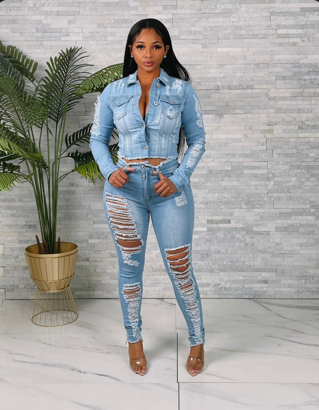 Distressed denim set