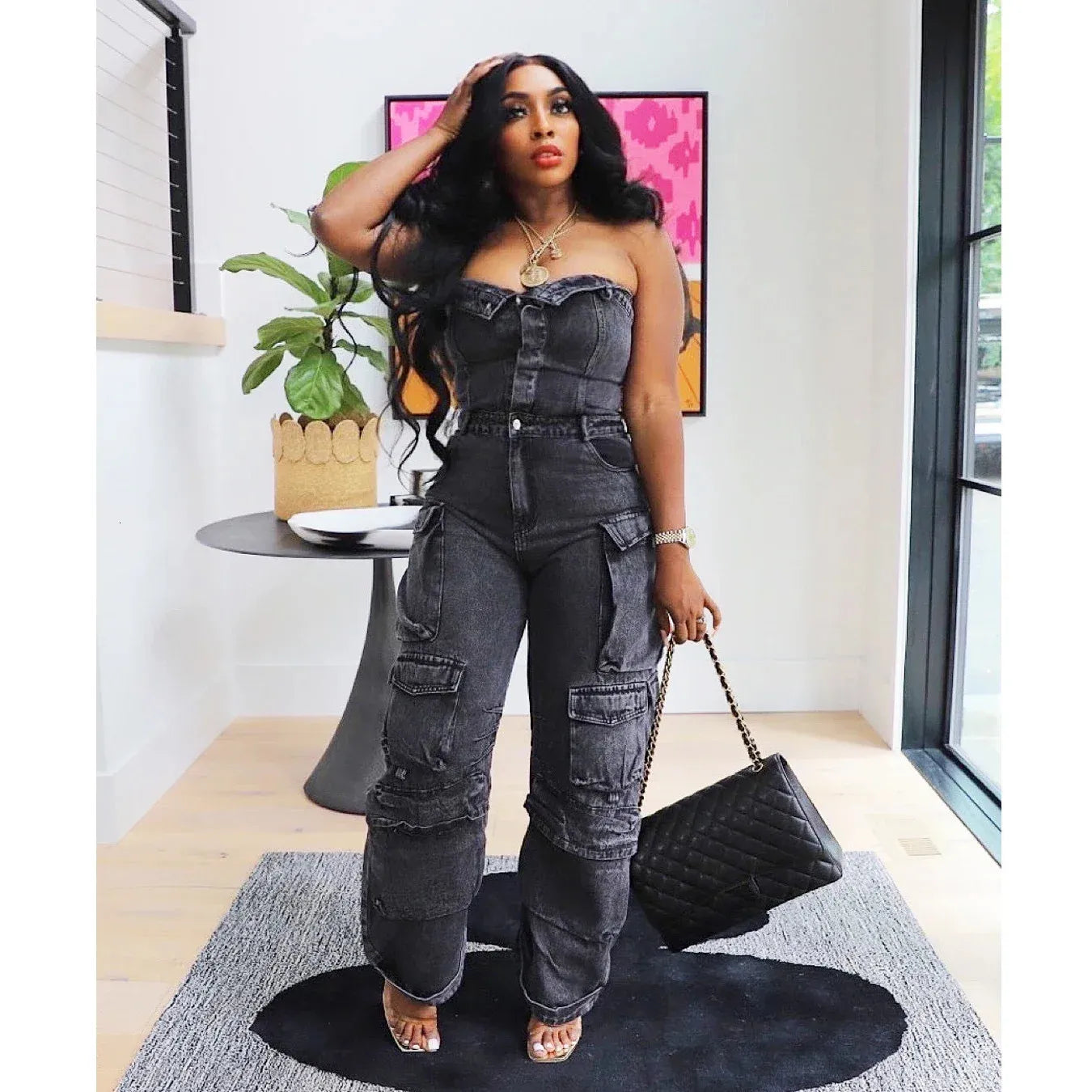 Denim washed cargo jumpsuits
