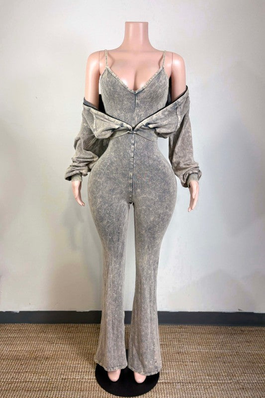 Mineral wash jacket and stack pants jumpsuit