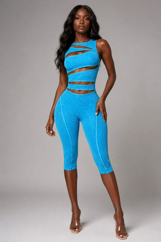 Mineral wash cut out capri romper