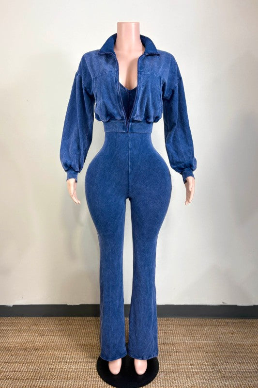 Mineral wash jacket and stack pants jumpsuit
